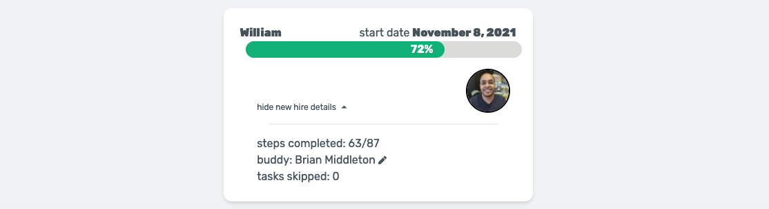 Check in on your new hire’s progress with the dashboard or using simply asking Eddy in Slack