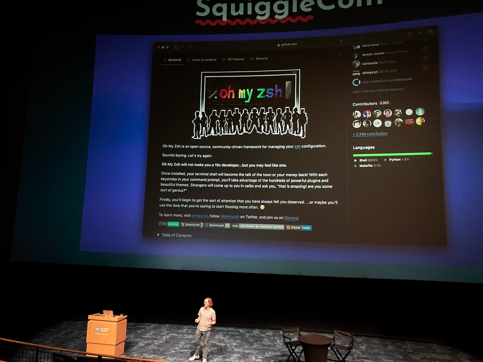 Robby speaking at SquiggleConf 2024 about Oh My Zsh